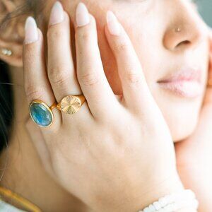 Ring Gold Ring Signet Gold Ring Sunburst Ring WATERPROOF Jewelry